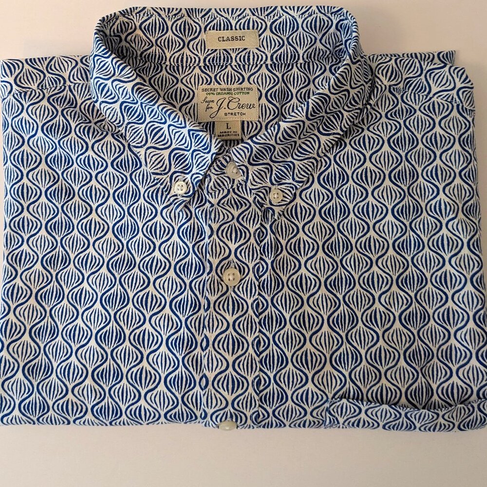 J CREW Shirt Men's L Secret Wash Classic Fit Button Front Blue White Geometric